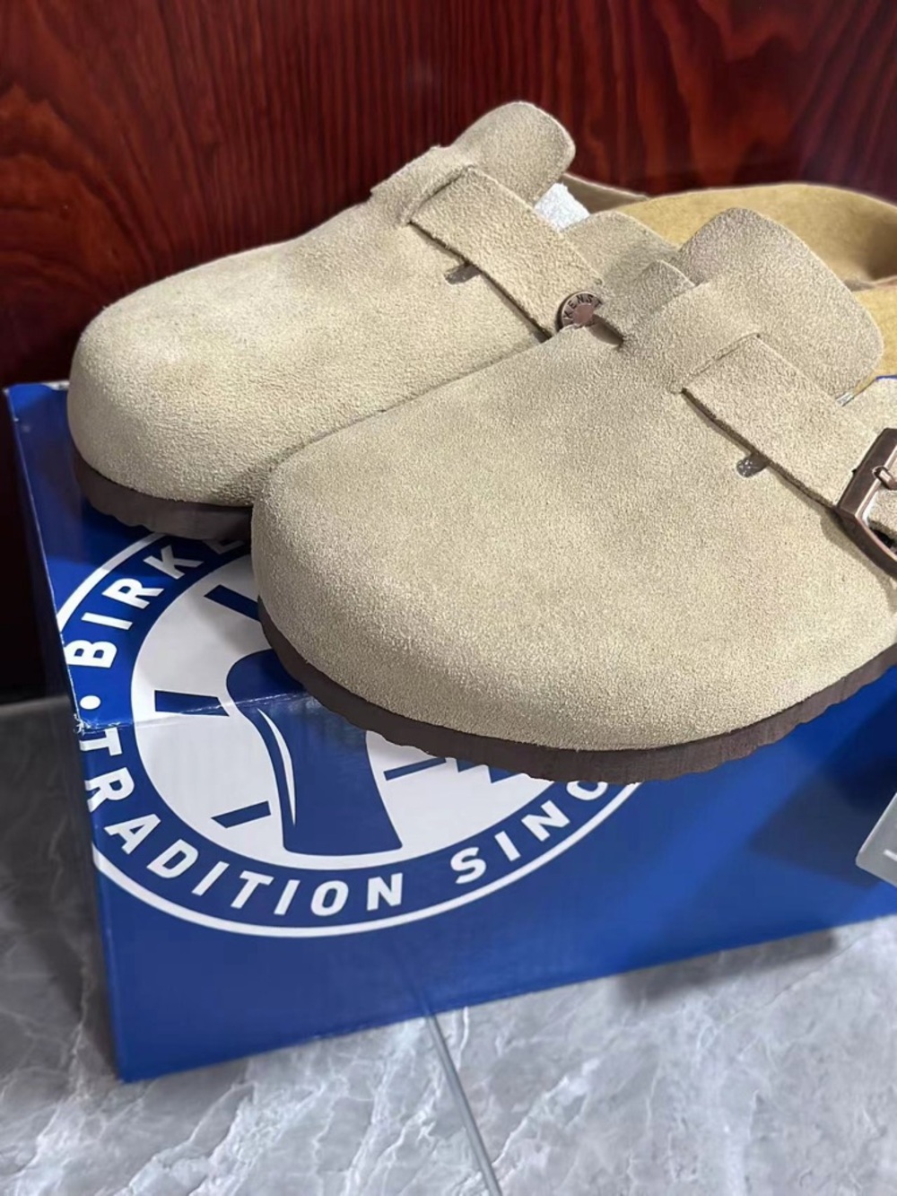 Birkenstock Beige Suede Boston Clog with Buckle - Picture 2 of 5